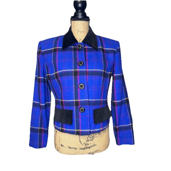 VINTAGE Womens Blue Plaid Blazer Jacket Velvet Collar Academia Equestrian 90s 4 - Picture 1 of 10